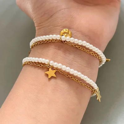 Vintage 18k Gold Plated Star Coin Charm Pearl Beaded Bracelets Stainless Steel Adjustable Double Layer Bracelets for Women Gift