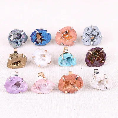 HY OEM Adjustable Natural Stone Gold Druzy Crystal Agate Gemstone Ring