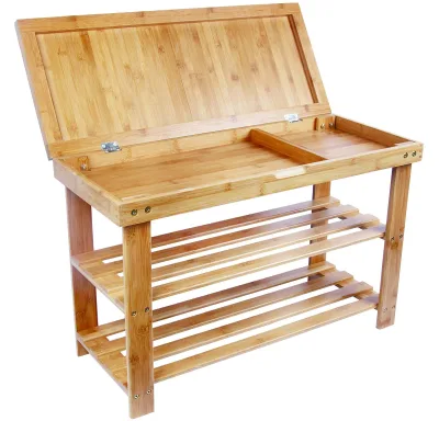 Bamboo Shoe Rack Storage Bench Entryway Organizer with Three-Tiered Drawer Top Standing Type Installation