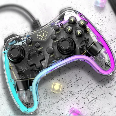 AOLION AL-PC2039 Transparent Wired Gamepad RGB Light Turbo Dual Vibration Joystick for Switch PC 220g 1.8m Cable