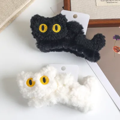 MUJU D432 Plush Cat Hair Claw Clips 13cm Fuzzy Faux Fur Fabric Kitty Jaw Clips Daily Winter Custom Logo Card Retail Ready
