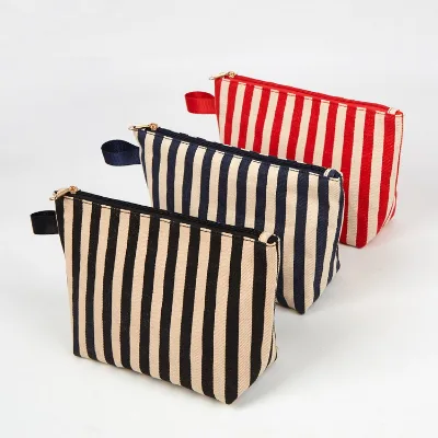 Custom Logo White Vanity Clutch Bag Quality 12OZ Cotton Makeup Pouch Eco Wholesale Stripes Canvas Cosmetic Bags with Gold Zipper