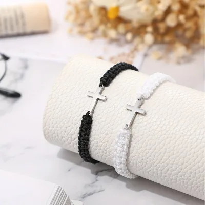 Simple & Fashionable Trendy Couple Friendship Bracelet | Hand-Woven Stainless Steel Cross Design in Red & Black Gift