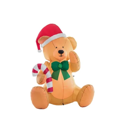 Waterhan 6ft Tall Cute Inflatable PVC Teddy Bear Red Top Hat Candy Cane Ellipse Shape 2-Color Silk Screen Printed Christmas Ages