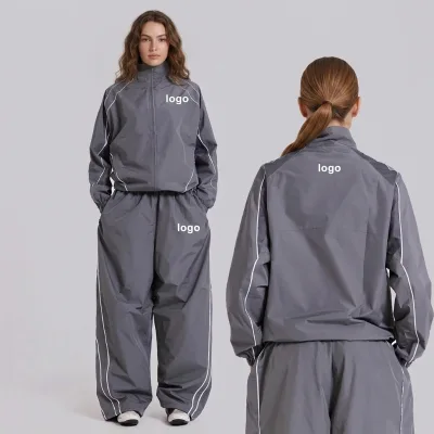 Women Streetwear Spring Print Reflective Jogging Suits Nylon Ripstop Windbreaker Jackets Pants Sets Lightweight 2-Piece