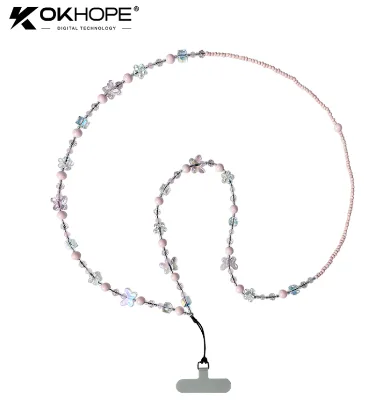 OK HOPE Long Pink Round Bead Floral iPhone Crossbody Phone Chain Lanyard 130cm