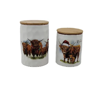 Airtight Ceramic Highland Cow Jar Red British Style With Bamboo Lid for Christmas Holiday; Ceramic Kitchen Jar Customized