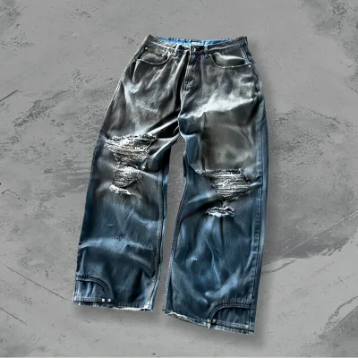 Hot Selling Custom Distressed Denim Pants With Pocket Loose Casual Jeans Washed Black Cargo Baggy Fit Men Jeans