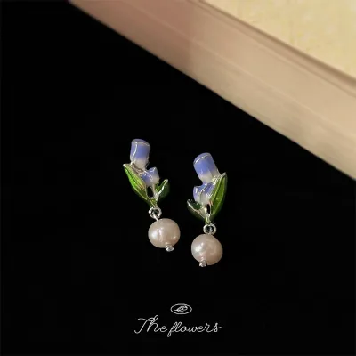 Handmade Charm Earrings Freshwater Pearl Drop Glazed Purple Tulip Trendy Flower Shape Needle Earrings
