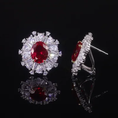 AE052 Abiding Exquisite Vintage Oval Cut 8x10MM Pigeon Blood Lab Grown Ruby 925 Sterling Silver Flower Zircon Stud Earrings