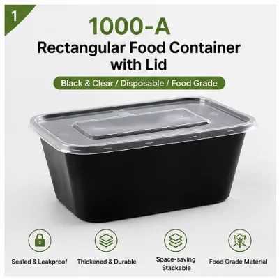 1000ml Disposable Rectangular Food Container with Clear Lid Black Plastic Takeaway Lunch Box 300 Sets