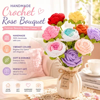 Handmade Realistic Woven Rose Artificial Flower Bouquet DIY Yarn Crochet for Valentine's Day Finished Handmade Self-Made Rose