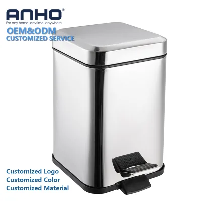 Compact Mirror-Steel Pedal Bin S/S 410 Slim Square Design for Under-Cabinet or Closet Integration with Precision Pedal Action
