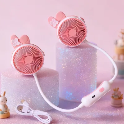 HECION Outdoor Portable USB-Charging 3-Speed Cartoon Animal Neck-Worn Fan for Hiking and Sports