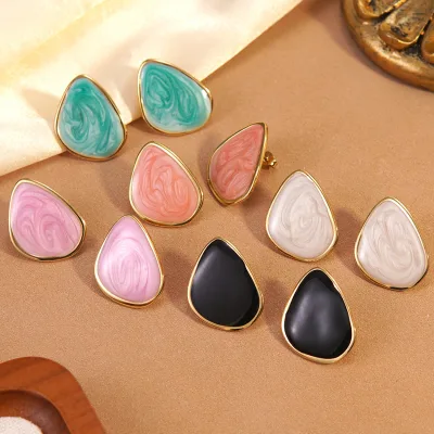 18K Gold Plated Stainless Steel Geometric Waterdrop Earrings Colorful Enamel Marble Glaze Stud Earrings for Women Vacation