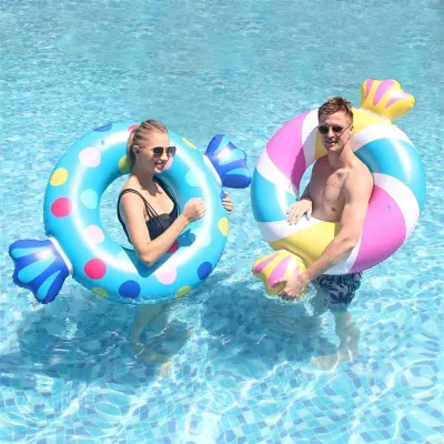 Blue Inflatable Candy-shaped Swimming Ring Rainbow Candy Floating Rings on Water