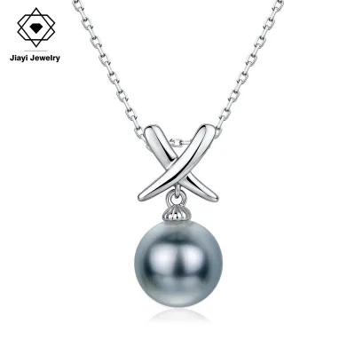 S925 Silver 14K Gold Plated Rhodium Plated Modern X-Design AAAAA Gray Shell Pearl Round Pendant Necklace Fine Jewelry Women 4.0g