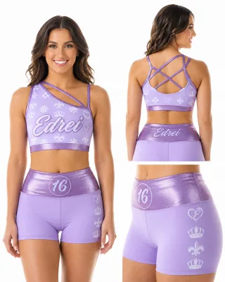 Edrei Teenagers Cheer Practice Uniform Lavender One-Shoulder Criss-Cross Back Crop Top High Waist Short Set Sublimation