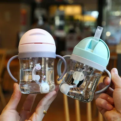 Children's Cartoon Design PC Material Eco-Friendly Water Cup with Suction Straw and Scale for Kindergarten Use