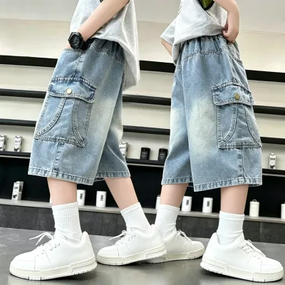 Boys Cotton Denim Workwear Shorts Loose-fit High Waist Elastic Waist Summer Mid-length Older Kids Childrenswholesale