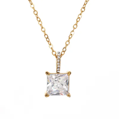 Custom Gold Pendant Necklace for Women Princess Cut CZ Stone Four Prong Basket Jewelry