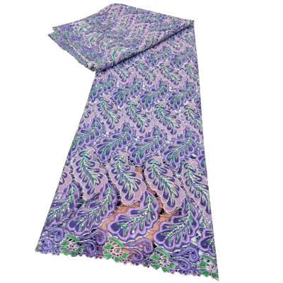 Luxury Embroidery Lace Fabric Purple Peacock Leaf Sequined African Embroidery Lace Fabric Nigerian Sequin Lace Fabric Dress Lace