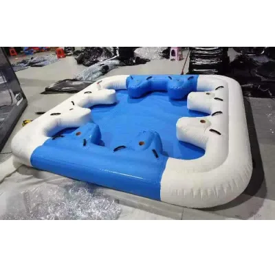 0.9mm Durable PVC Tarpaulin White and Blue Inflatable Floating Island Water Mattress With Seat and Drink Holds for Adult