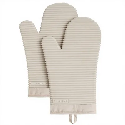 KITCHENAID Ribbed Soft Silicone Oven Mitt 2-Pack Set 7.5"x13" Milkshake Tan Washable Made in China