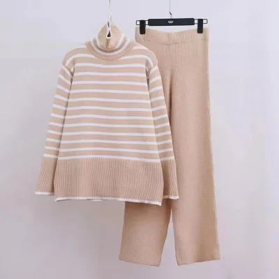 LE4483 Stylish Elegant 2-Piece Sets for Women Turtleneck Striped Knit Top and Pants Two-Piece Suit