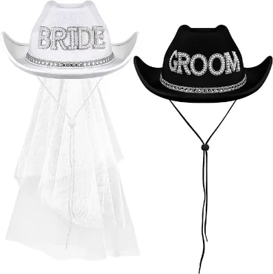 Bachelorette Party Bride Groom Letter Cowgirl Hat Bridal Rhinestone Pearl Wedding Cowboy Hats with Veil