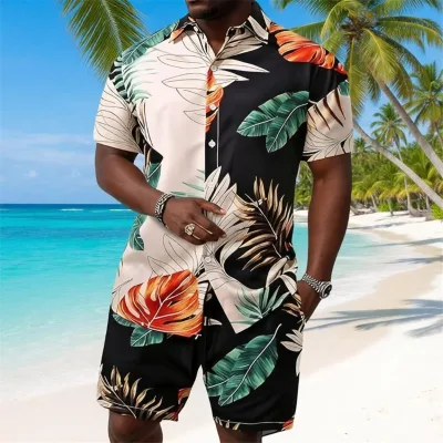 Men's Havana Nights Outfit Guayabera Style 2 Piece Short Set Tropical Print Matching Wear for Cruise Party Custom Logo Wholesale