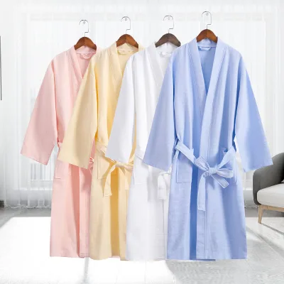 Custom Waffle Bathrobe Foreign Trade Thin Hotel Absorbent Quick-drying100%Cotton Thickened Long Cotton Bathrobe