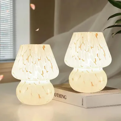 Mushroom Lamp Glass Table Bedside Lamps Translucent Vintage Style Striped Small Night Mushroom Decor Light Ambient Bedroom Lamps