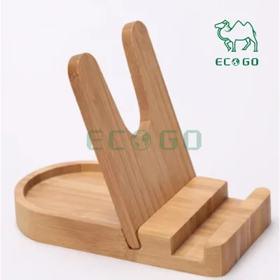 Custom Logo Bamboo Kitchen Accessories Wooden Pot Lid Spoon Rest Rack Phone Pad Display Stand Storage
