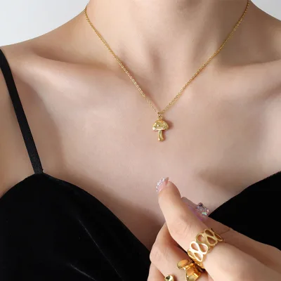 Jewelry Stainless Steel 18K Gold Plated Retro Small Mushroom Pendant Clavicle Chain Necklace for Women Girls