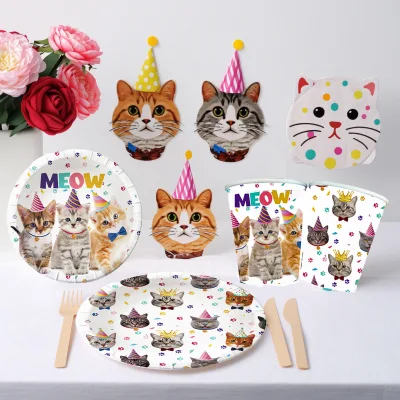 81pcs Cat Birthday Party Supplies Kitten Cat Party Decorations Tableware Plates Cups Napkins Tablecloth Kitten Table Decorations