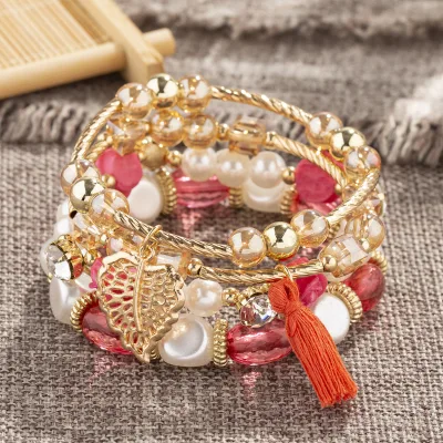Bohemian Charm Beads Wrap Bracelets & Bangles for Women Boho Rose Flower Leaf Tassel Bracelet Multilayer Bracelet Femme New