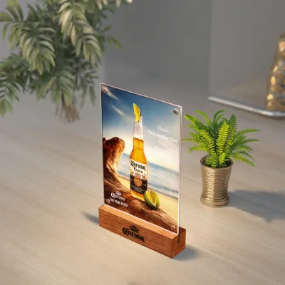 Customized Square Acrylic Menu Holder for Durable Display Rack in A3 A4 A5 Sizes with Thick Wood Base for Sign Displays