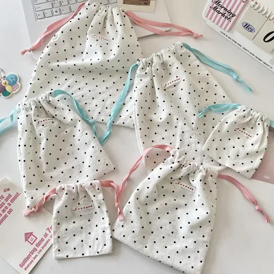 Custom Cute Small Storage Bag Portable Pouch Recyclable Black Polka-Dot Gift Bag Screen Printed Drawstring