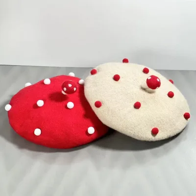 MOQ 3 Beret Parent-child Style Japanese Korean Mushroom-dot Design Girls Painters Cap Artsy Wool Knit Fresh Sweet Four