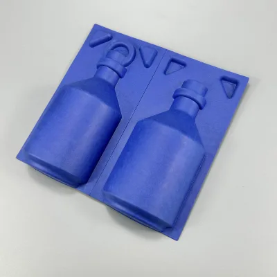 Custom Colored Blue Molded Paper Pulp Tray Eco Biodegradable Wet Press Pulp Insert for Liquor Wine Bottle Gift Box Packaging