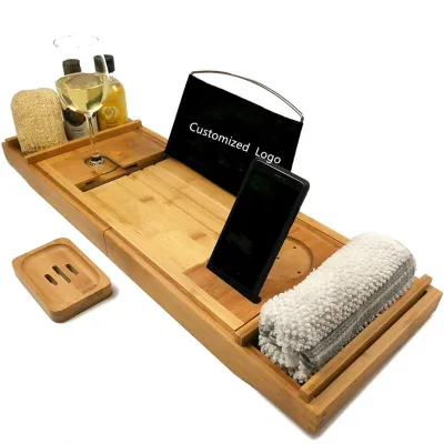 New Design Expandable Bamboo Bathtub Caddy- Bamboo Bath Tub Caddy Tray With Phone and Wine Glass Holder