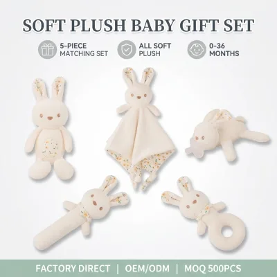 Soft Plush Baby Gift Set 5 Piece Nursery Essentials Security Blanket Rattle Squeaky Stick Animal Toy Pacifier Holder OEM