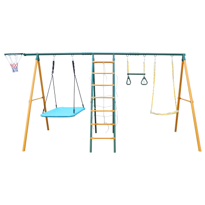 Multifunction Outdoor Kids Metal Swing With Basketball Hoop,Garden Colorful Climbing Frame and Belt Seat Swing