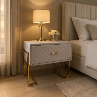 Modern PU Leather Nightstand Diamond Tufted Single Drawer Gold Metal Base Bedroom Side Table Hotel Furniture