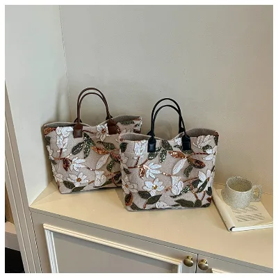 Chinese Luxury Sequins Embroidery Large Tote Bags New Fashion PU Handle Women Handbags Lady Woven Straw Flower Summer Beach Bag