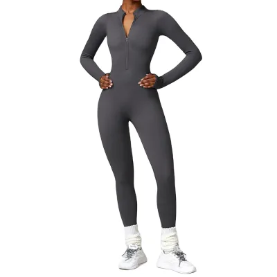 Winter Tight Long-sleeved Yoga One-piece Suit Zipper Tummy-tucking High-intensity Sports Fitness Bodysuit