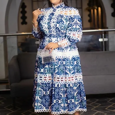 BR4616 Autumn New Fashion Retro Lace Hollow Elegant Loose Plus Size High Waist Long Dress