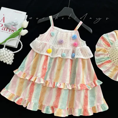 Girls' Fashionable Korean Style Dress with Cute Fresh Pom-Pom Strap Sweet Summer Solid Pattern Dress