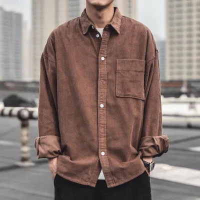 Men's Long Sleeve Corduroy Shirt, Japanese Style, Trendy Streetwear, Casual Loose Fit for Autumn & Winter